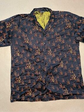 Vintage ODO Flame Skull All-Over Print Button-Up Shirt – Men’s XL – Y2K